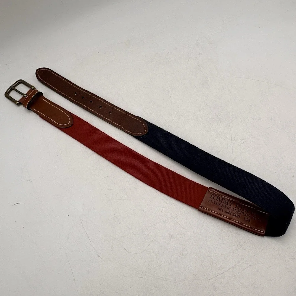 Vintage Tommy Hilfiger Leather Canvas 2-Tone Belt Blue Red USA Mens 32 Surplus